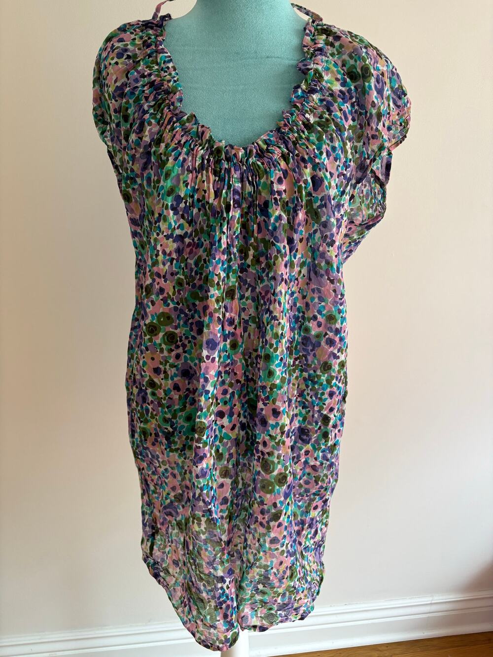 100% Cotton Floral Sheer Mesh Tunic Swim Cover Up Ruched Neck Bow detail